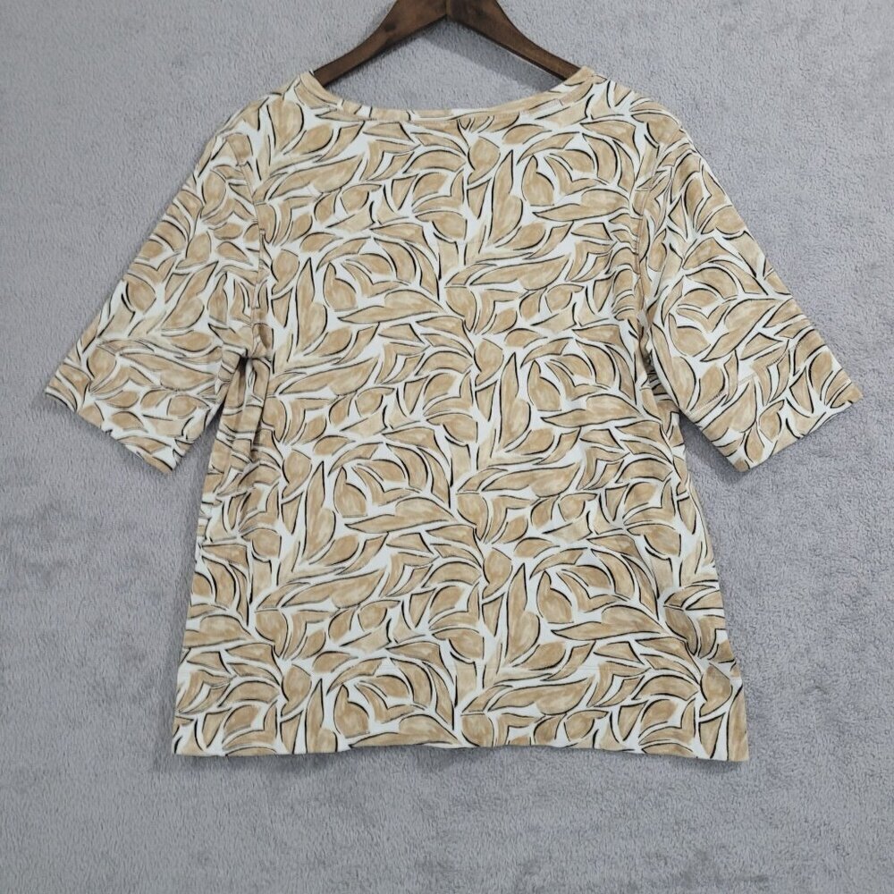 Chico's Womens Leaf Print Top 2/ L Pima Cotton Beige Black JCT - Picture 2 of 6